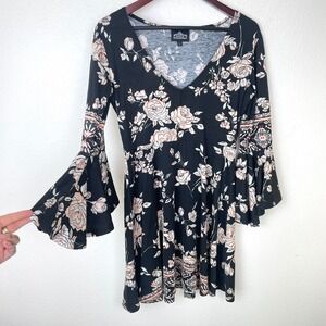 Y2K 90s Angie Dress Sz L Flare Sleeve Dark Fairy Whimsigoth Witchy V Neck Floral